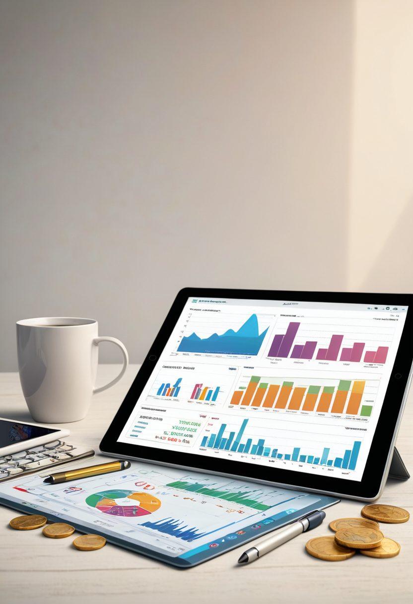A sleek, modern workspace featuring a digital tablet displaying graphs and fintech applications, surrounded by scattered coins and bills to symbolize money management. A hand is shown actively engaging with the tablet. In the background, a wall-mounted screen displays educational financial data and strategies. The overall atmosphere should convey a sense of empowerment and modernity in financial literacy. super-realistic. vibrant colors. clean background.