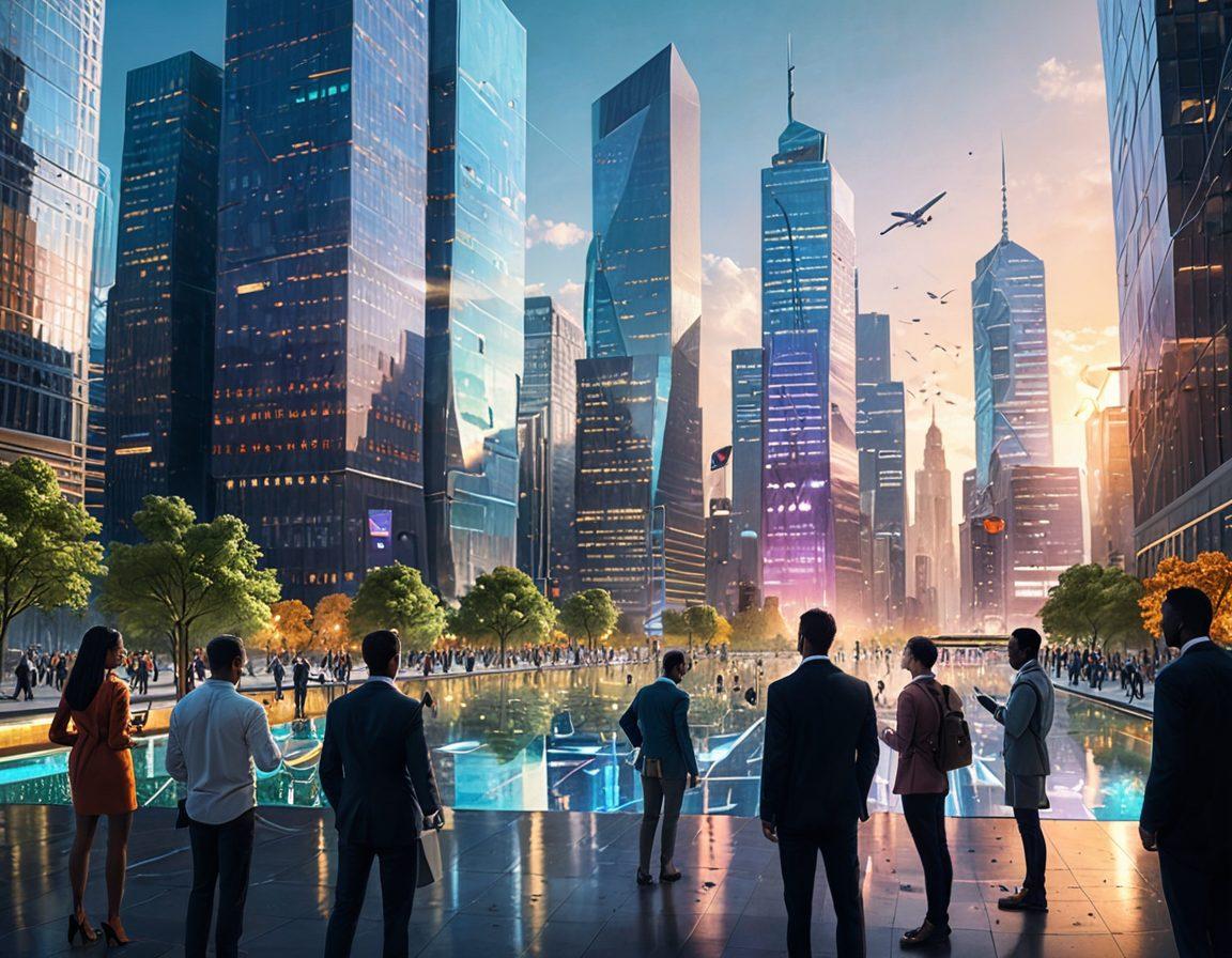 A modern cityscape merging with a digital interface, displaying charts, graphs, and currency symbols hovering above buildings. People from diverse backgrounds are engaged in discussions, holding digital devices, symbolizing the journey of financial literacy. A bright sun illuminating the scene, representing hope and growth in finances. futuristic style. vibrant colors. super-realistic.